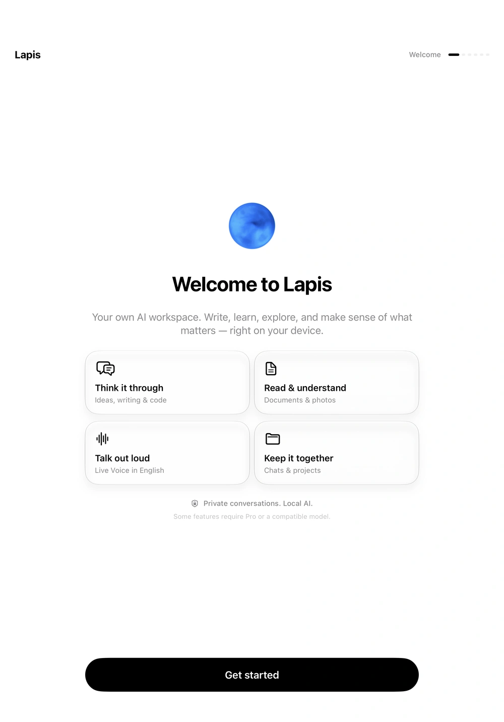 The Lapis welcome screen on iPad, introducing chat, models, voice and images.